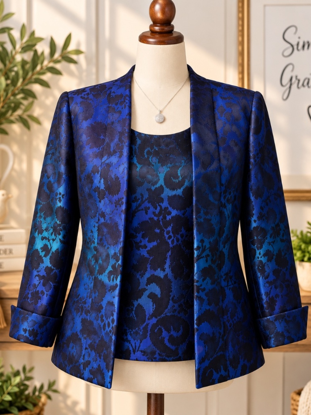 Kasper 8P Blue Teal Jacquard Jacket & Shell 2 Piece Set Petite